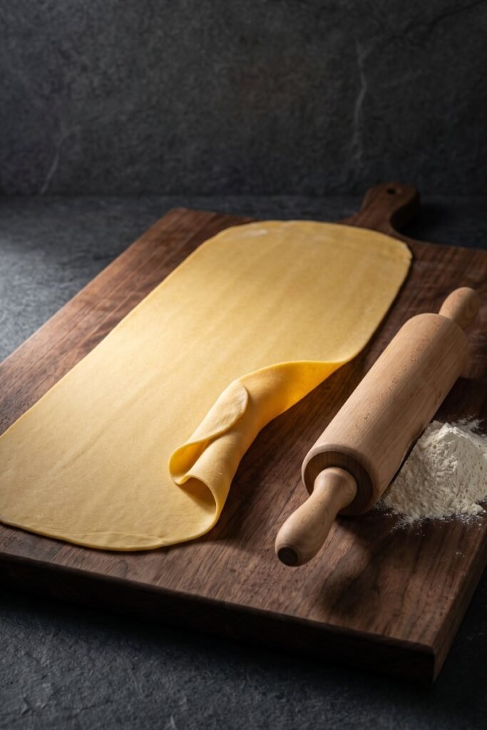 A professional dark food photography shot showing a sheet of fresh egg pasta dough snapping back and curling on a wooden pastry board next to a rolling pin on a black slate counter.