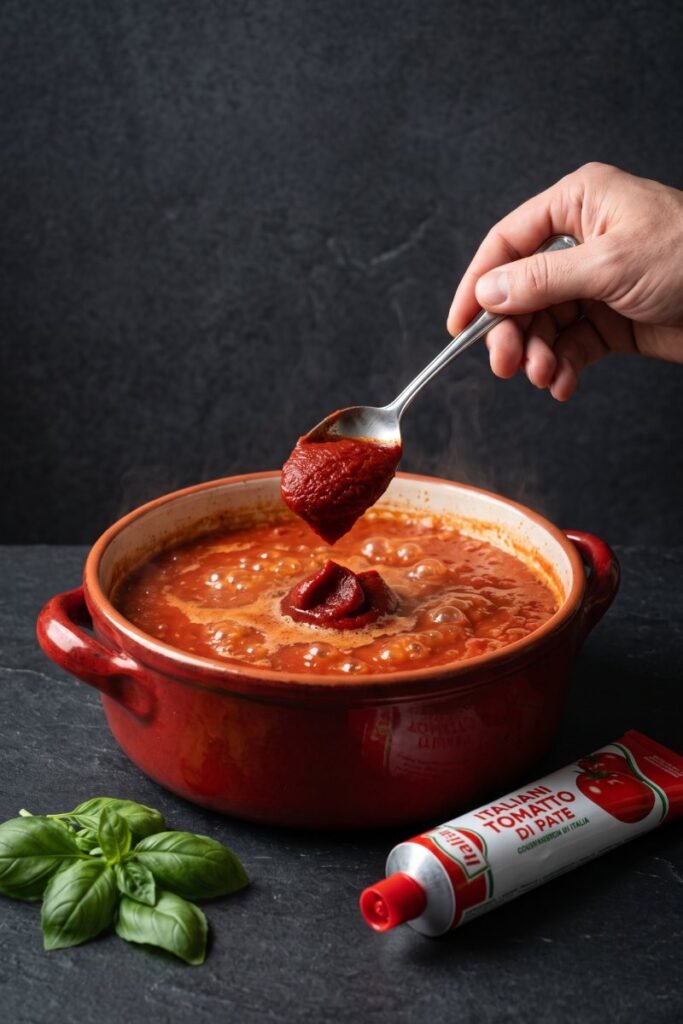 A professional dark food photography shot displaying a dollop of thick tomato paste being stirred into a pot of watery red tomato sauce on a black slate counter.