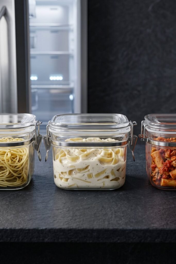 A professional dark food photography shot displaying clear glass containers of plain, white-sauced, and red-sauced cooked pasta on a black slate counter.
