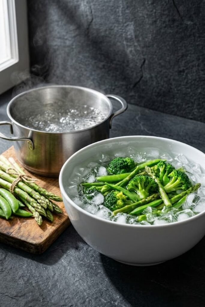 A professional dark food photography shot displaying vibrant green vegetables chilling inside a white bowl of ice water next to a boiling pot on a black slate counter.