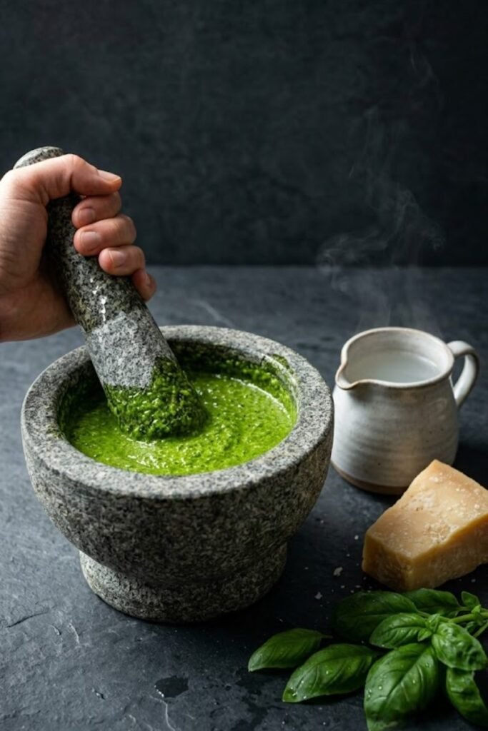 A professional dark food photography shot displaying smooth green basil pesto inside a granite mortar next to a pitcher of hot pasta water on a black slate counter.