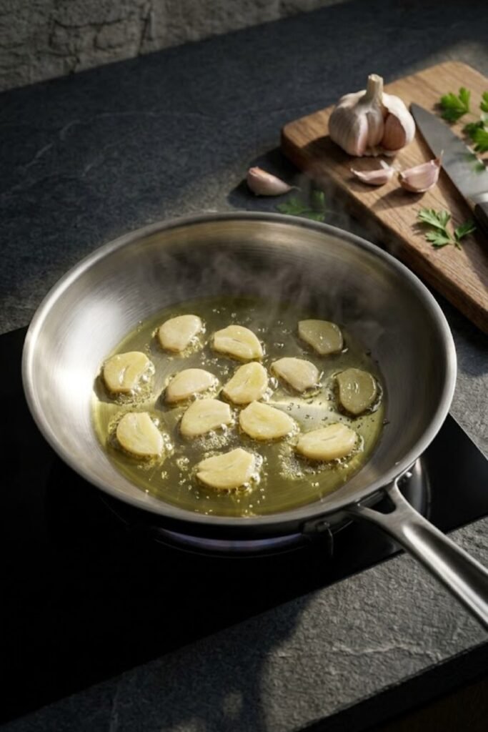 A professional dark food photography shot displaying translucent garlic slices sweating gently in olive oil inside a stainless steel skillet on a black slate counter.