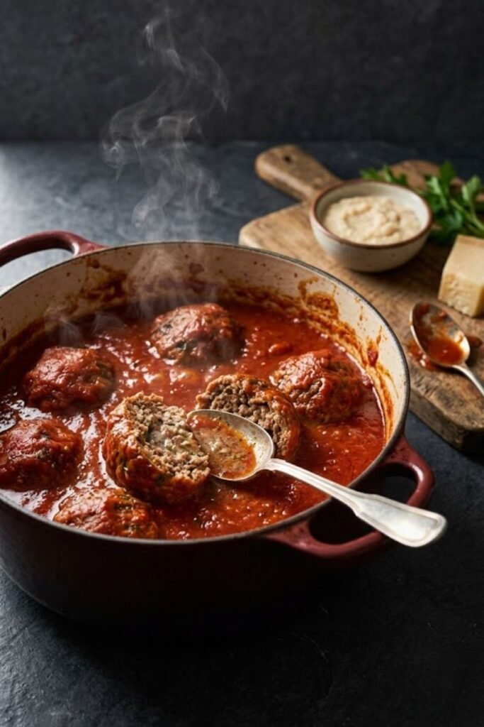 A professional dark food photography shot displaying tender meatballs simmering inside a red Dutch oven with one split open next to a panade bowl on a black slate counter.