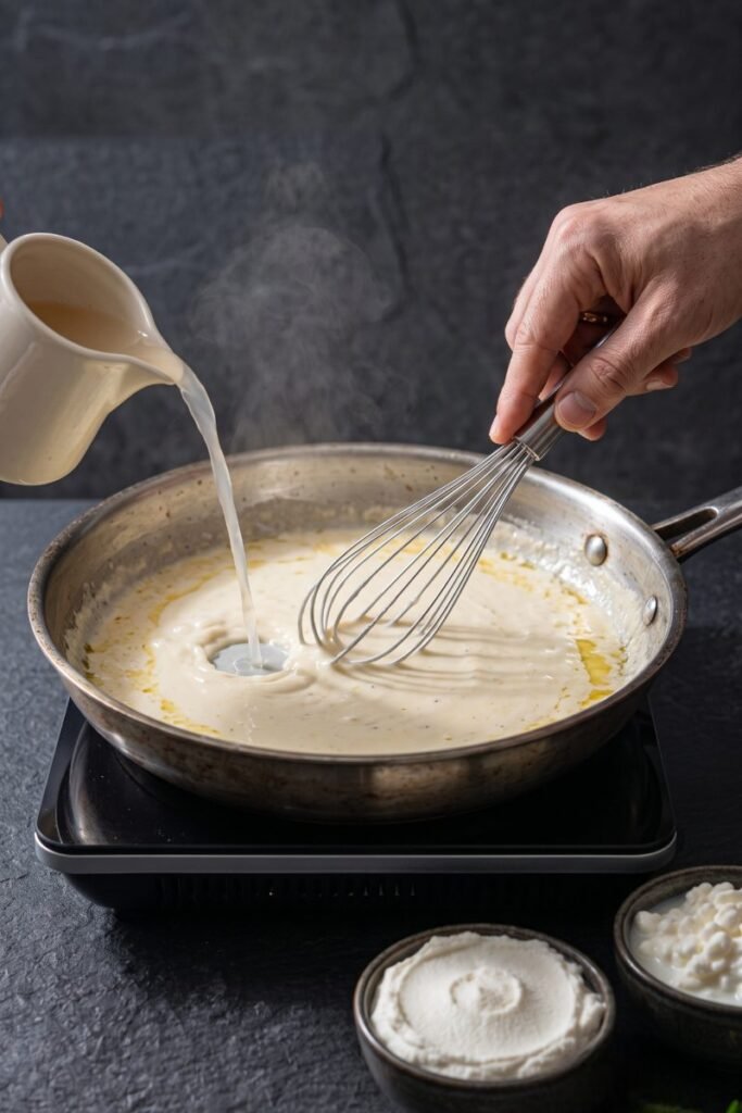 A professional dark food photography shot displaying a whisk re-emulsifying a broken cheese sauce in a stainless steel skillet with warm pasta water on a black slate counter.