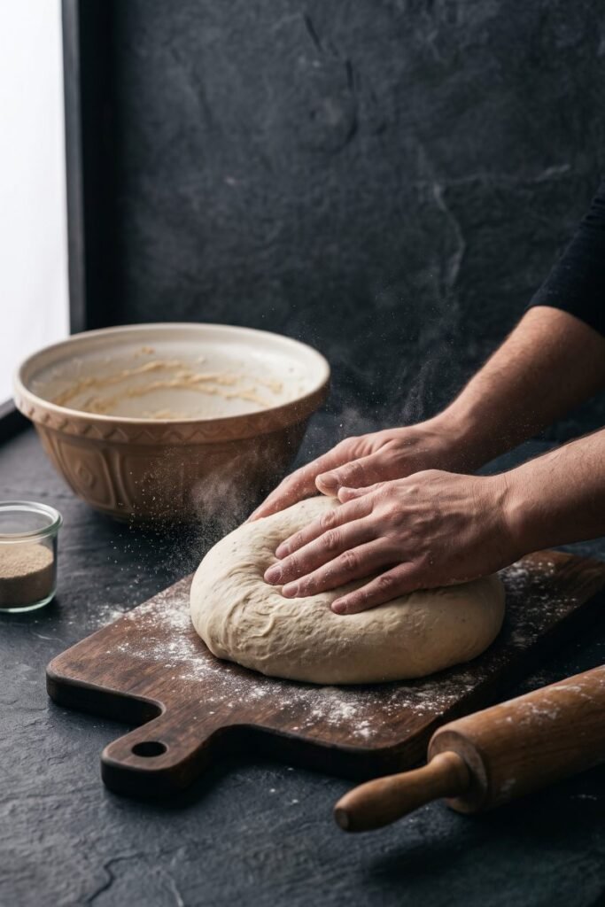 A professional dark food photography shot displaying a baker's hands pressing down and degassing a pale dough ball on a floured wooden board on a black slate counter.