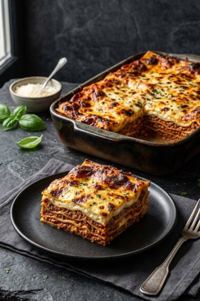 A professional dark food photography shot displaying a perfectly set vertical slice of meat lasagna with zero watery bleeding next to a baking dish on a black slate counter.