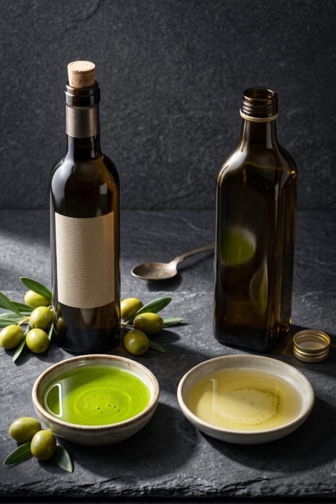 A professional dark food photography shot displaying a pool of vibrant green fresh olive oil next to a dull yellow oxidized sample on a black slate counter.