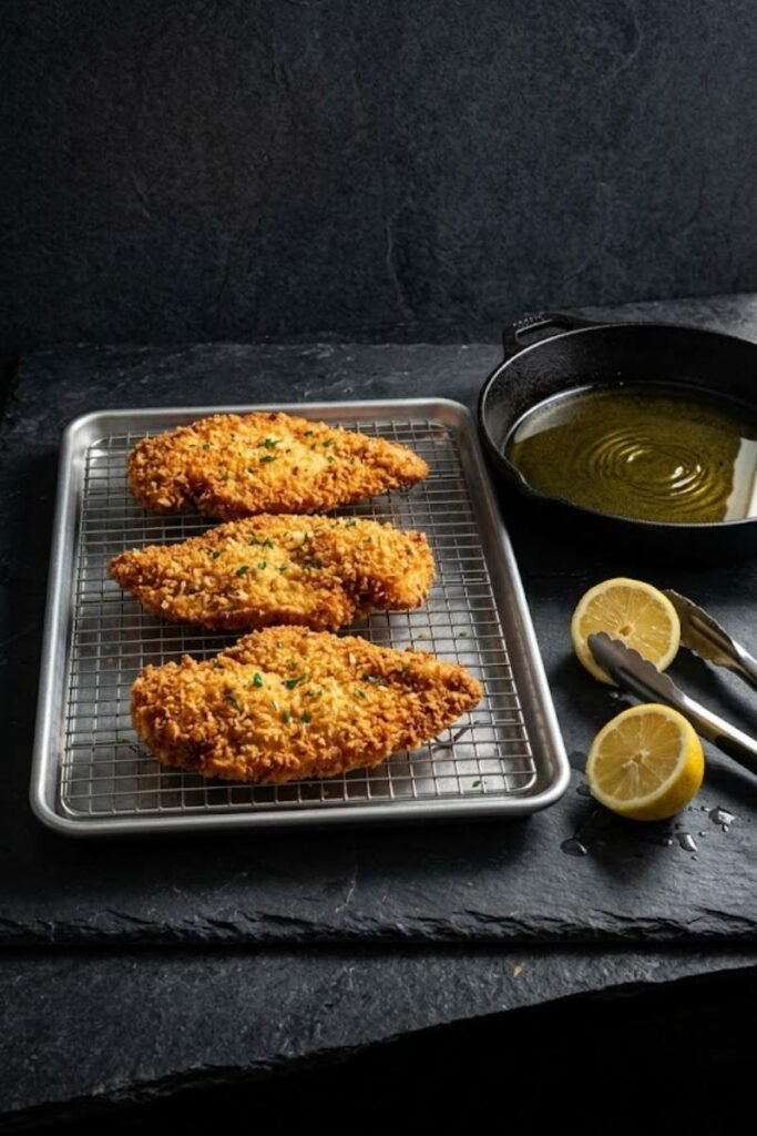 A professional dark food photography shot displaying golden crispy fried chicken cutlets resting on a wire rack inside a baking sheet on a black slate counter.