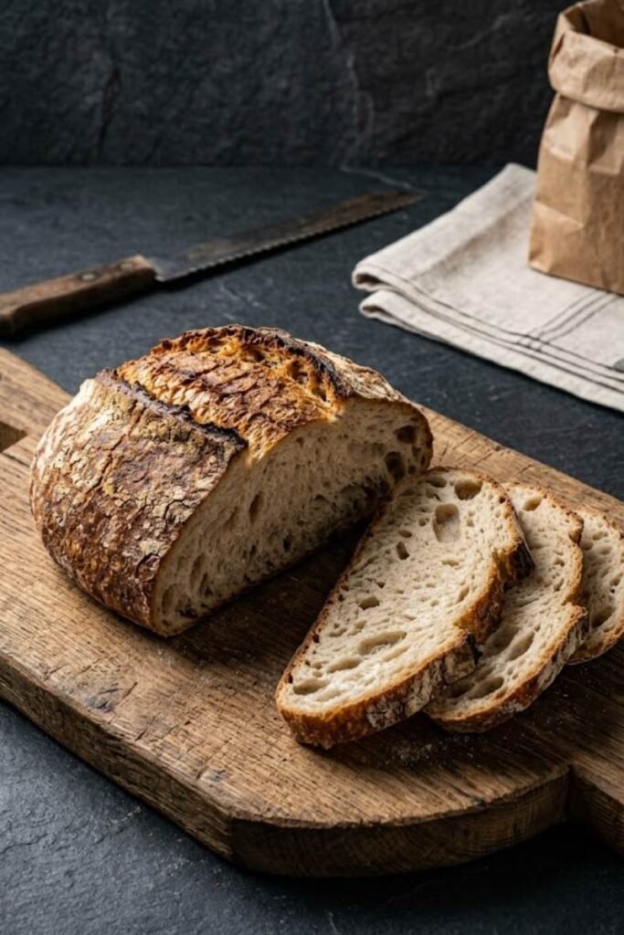 A professional dark food photography shot displaying an artisan Italian bread loaf resting cut-side down on a thick wooden board on a black slate counter.