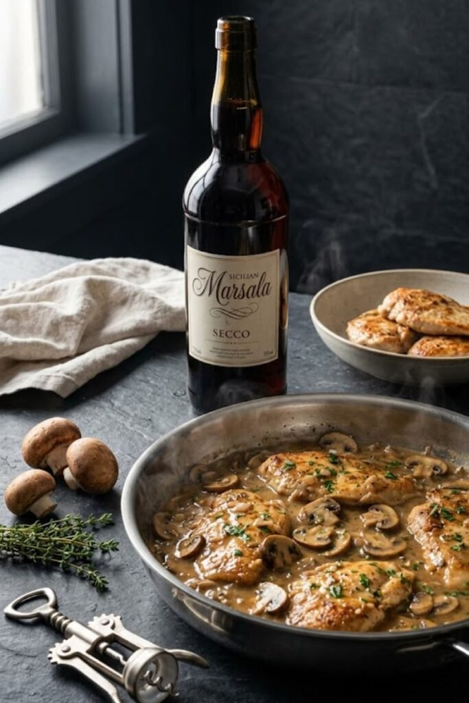 A professional dark food photography shot displaying a simmering skillet of Chicken Marsala with mushrooms next to an open bottle of dry Marsala wine on a black slate counter.