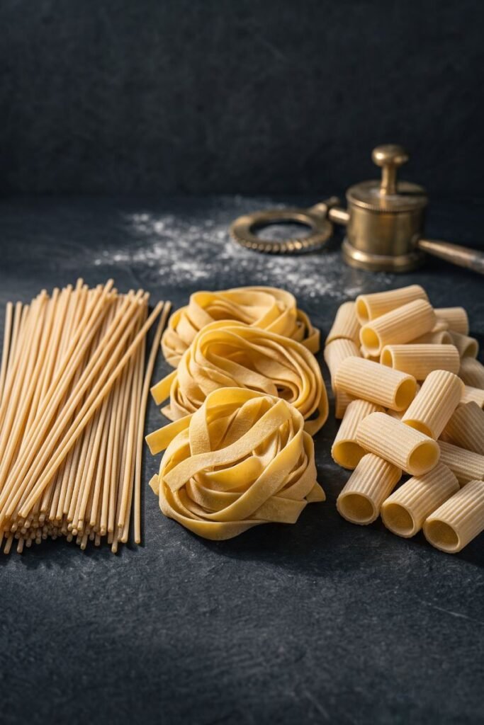 A professional dark food photography shot displaying raw heaps of textured spaghetti, tagliatelle ribbons, and ridged rigatoni tubes on a black slate counter.