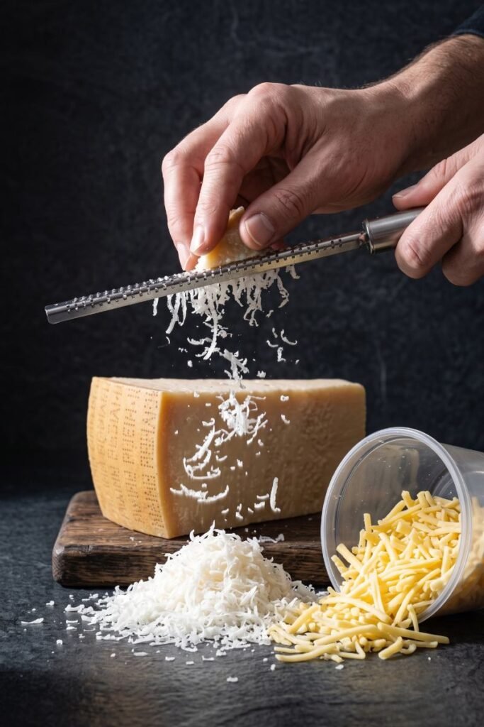 A professional dark food photography shot displaying fluffy hand-grated cheese flakes from a real block next to an open plastic tub of pre-shredded cheese on a black slate counter.