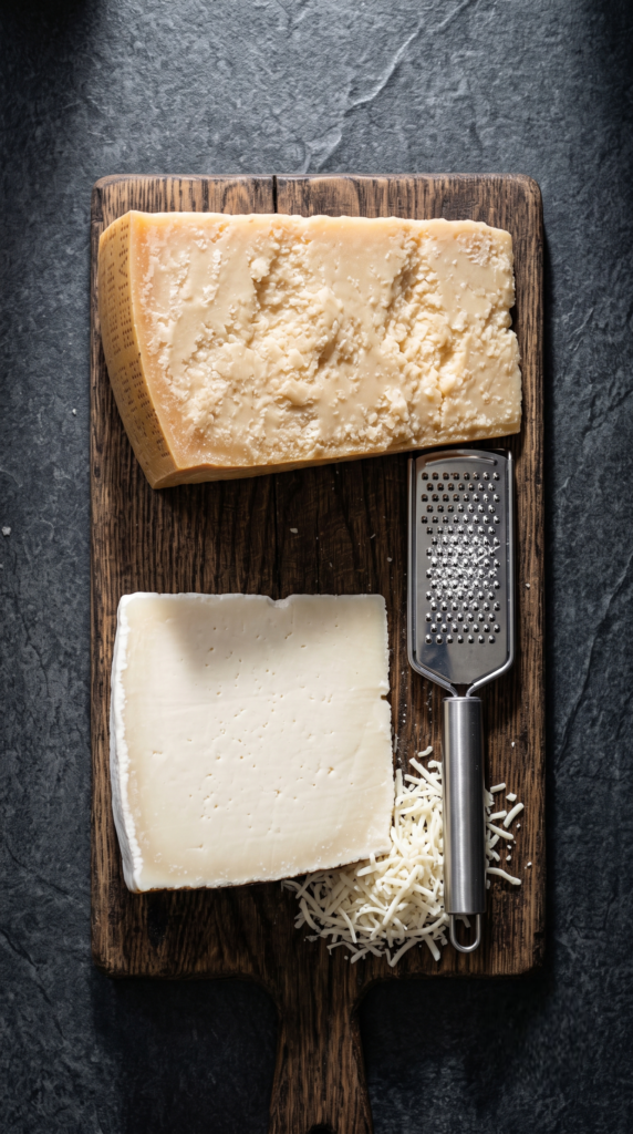 A professional dark food photography shot displaying a crumbly wedge of Parmigiano Reggiano next to a bone-white wedge of Pecorino Romano cheese on a black slate counter.