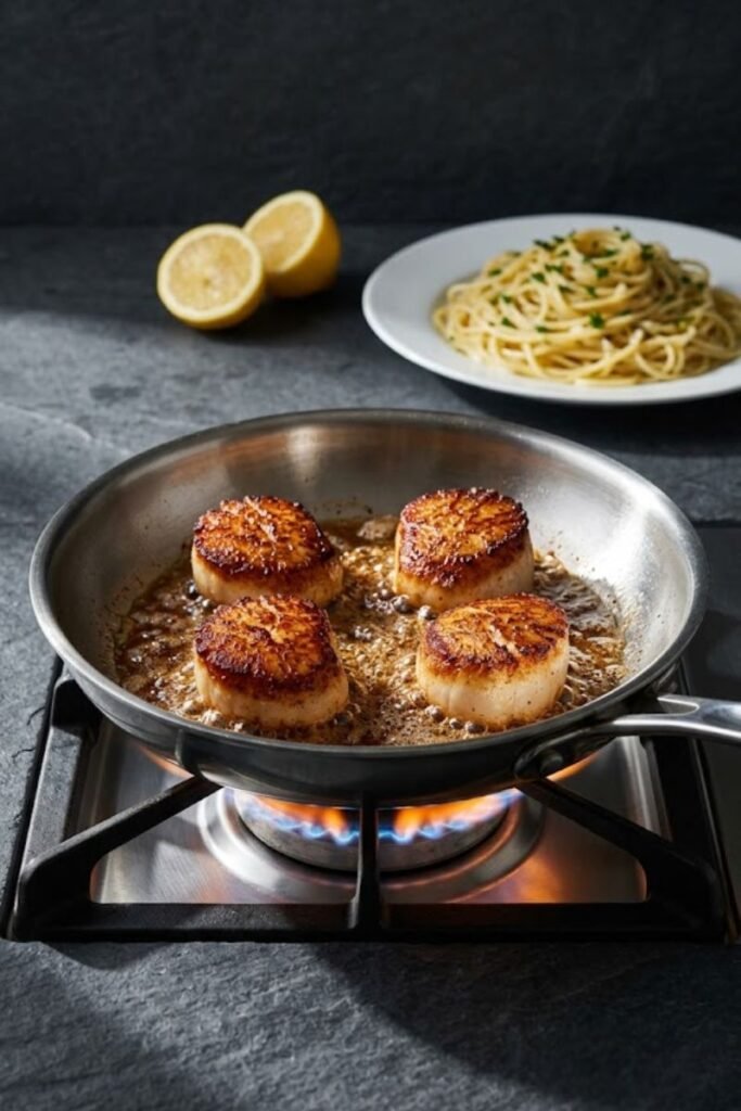 A professional dark food photography shot displaying large sea scallops with a deep golden crust searing in a hot stainless steel pan on a black slate counter.