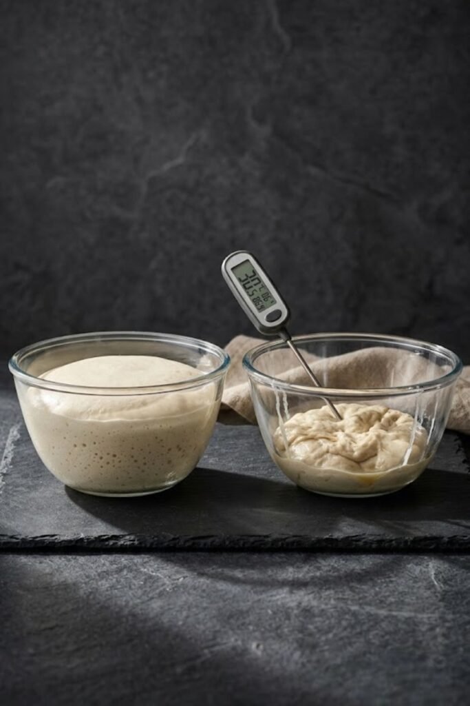 A professional dark food photography shot displaying a healthy dough ball next to a ruined, over-proofed dough puddle with a kitchen thermometer on a black slate counter.