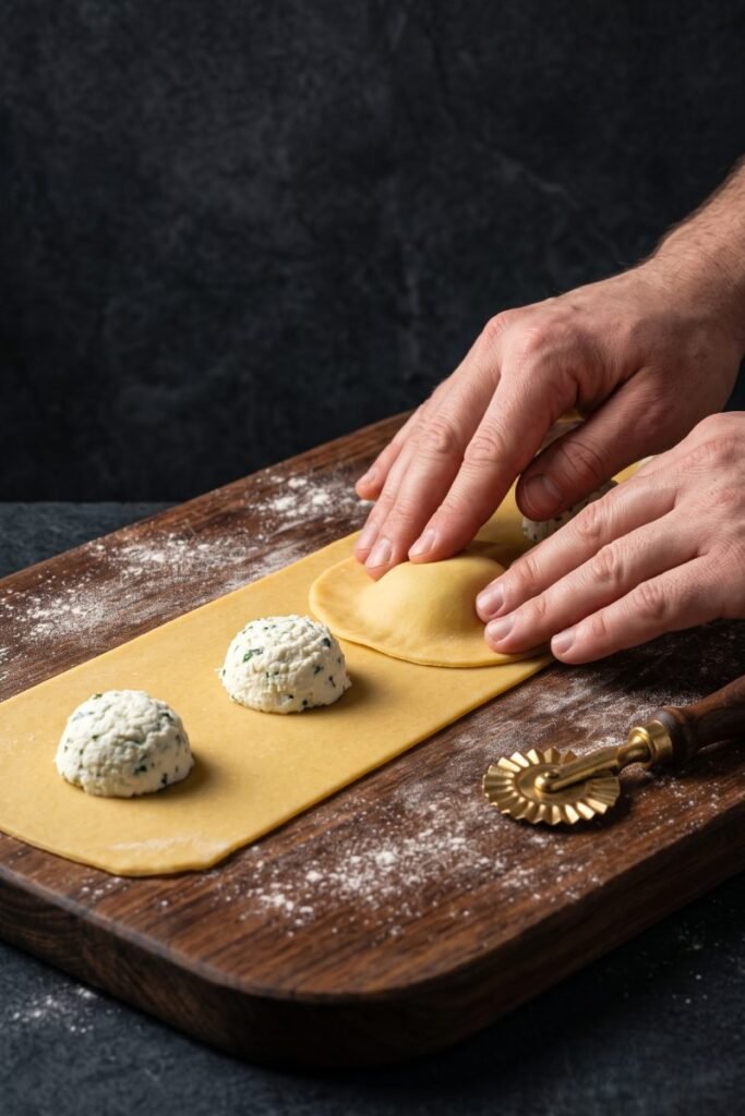 A professional dark food photography shot displaying a chef's hands pressing air out of fresh egg ravioli dough sheets on a wooden pastry board on a black slate counter.