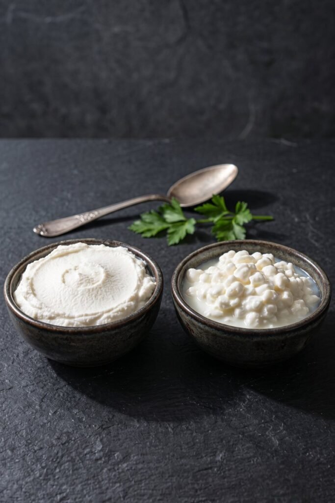 A professional dark food photography shot displaying a bowl of smooth white ricotta cheese next to a bowl of wet, lumpy cottage cheese on a black slate counter.