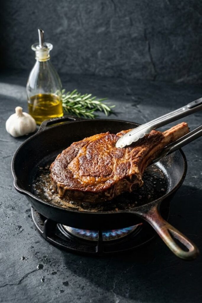 A professional dark food photography shot displaying a thick steak with a golden brown crust searing inside a hot cast iron skillet on a black slate counter.