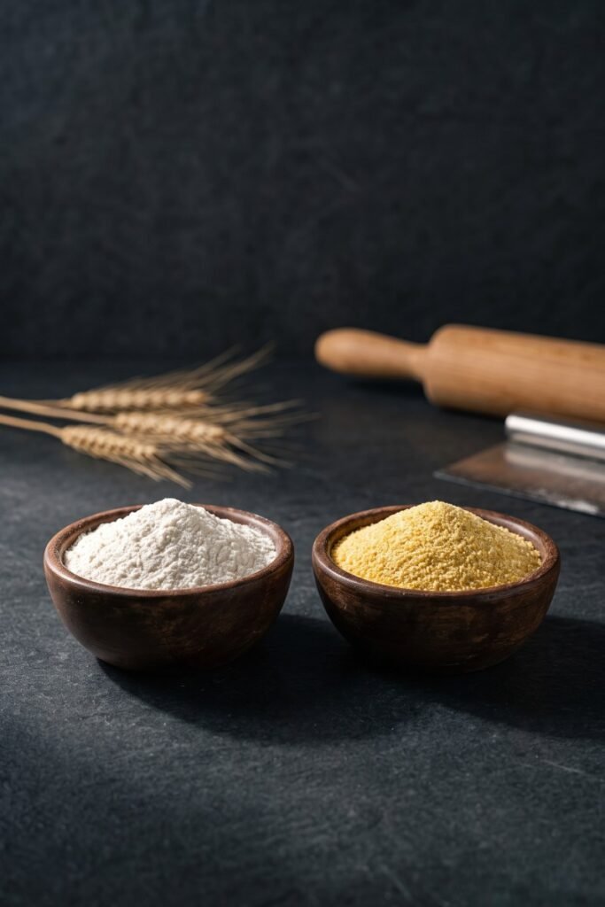 A professional dark food photography shot displaying a bowl of smooth white 00 flour next to a bowl of gritty yellow semolina flour on a black slate counter.
