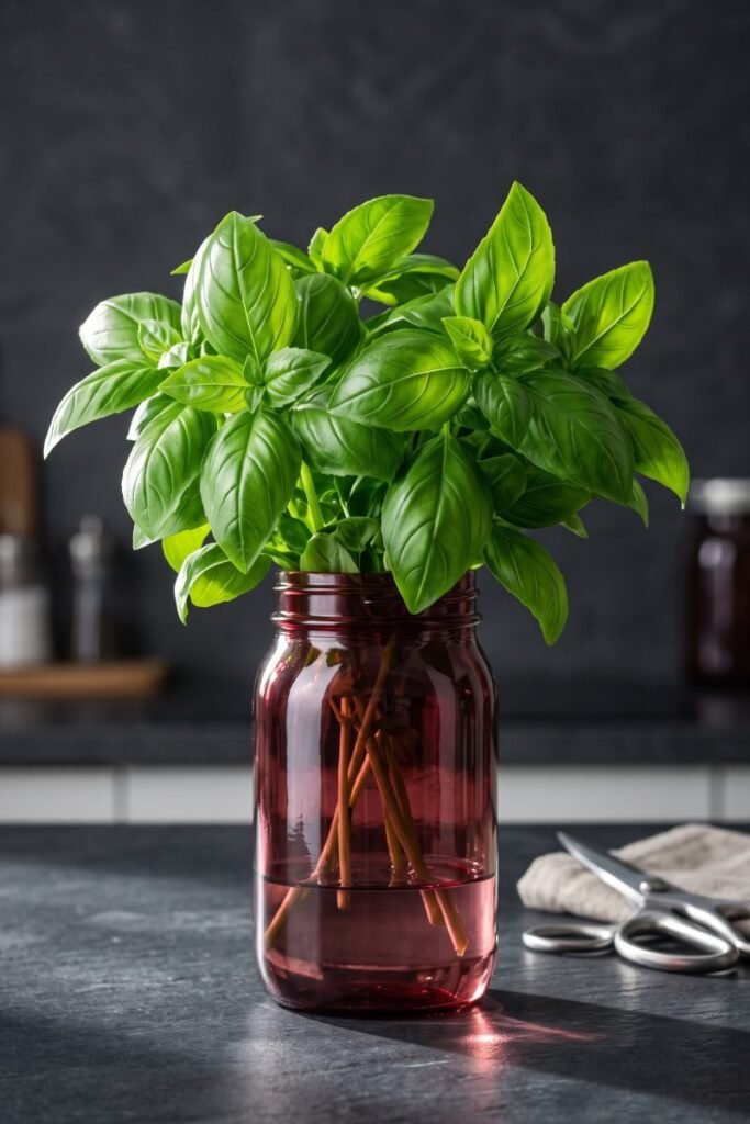A professional dark food photography shot displaying a vibrant green bouquet of fresh basil in a glass water jar on a black slate counter.