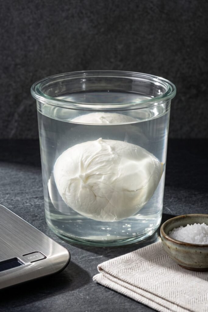 A professional dark food photography shot displaying a white fresh mozzarella ball fully submerged in a clear glass salt brine container on a black slate counter.