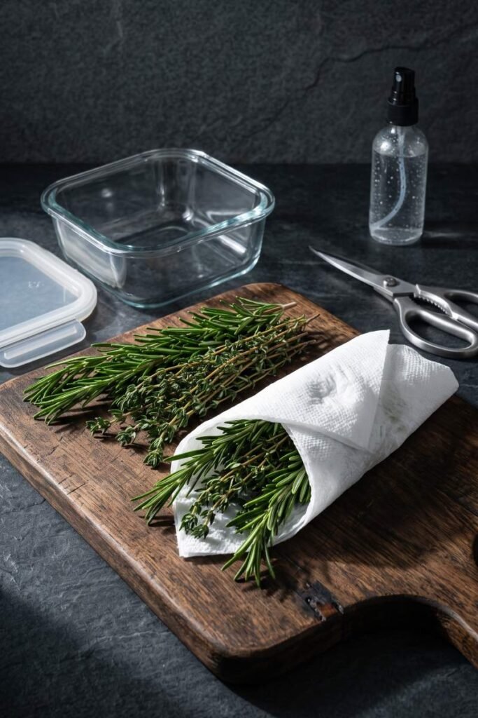 A professional dark food photography shot displaying fresh rosemary and thyme sprigs being wrapped in a damp paper towel next to a glass container on a black slate counter.