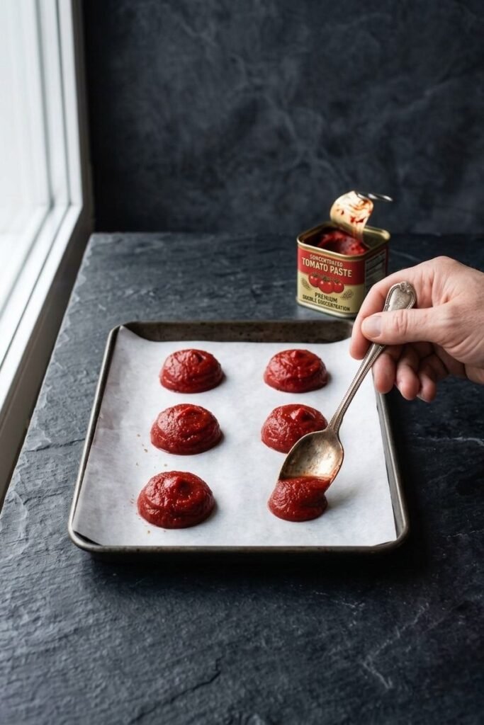 A professional dark food photography shot displaying a hand scooping dollops of tomato paste onto a parchment lined baking sheet next to an unbranded open tin on a black slate counter.