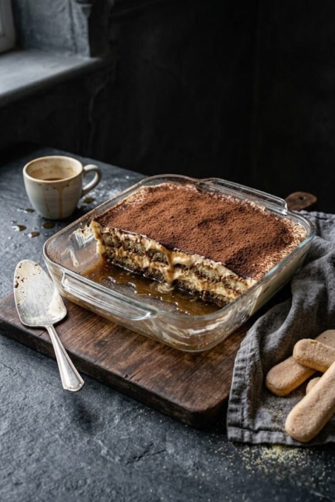 A professional dark food photography shot displaying a runny slice of tiramisu weeping liquid coffee onto a glass dish next to espresso cups on a black slate counter.
