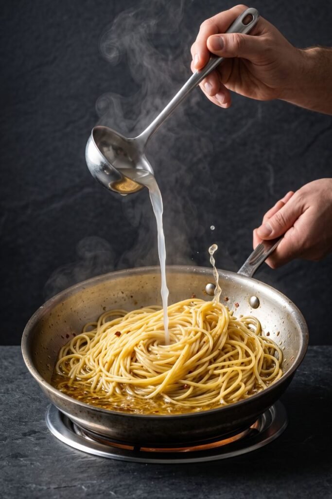 A professional dark food photography shot displaying a ladle pouring cloudy starchy pasta water into a skillet of tossing spaghetti on a black slate counter.