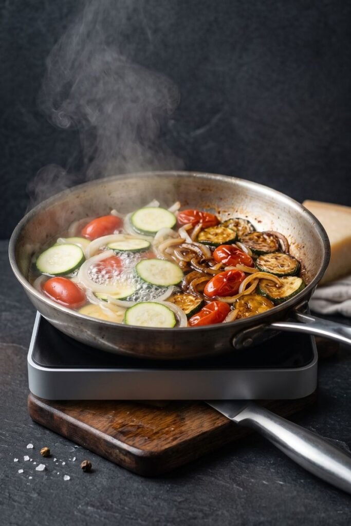 A professional dark food photography shot displaying fresh vegetables simmering in a skillet, showing water separation on one side and a caramelized sear on the other over a black slate counter.