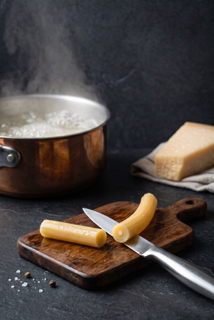 A professional dark food photography shot showing a macro cross-section of a cut pasta strand revealing a raw white starch center dot next to a paring knife on a black slate counter.