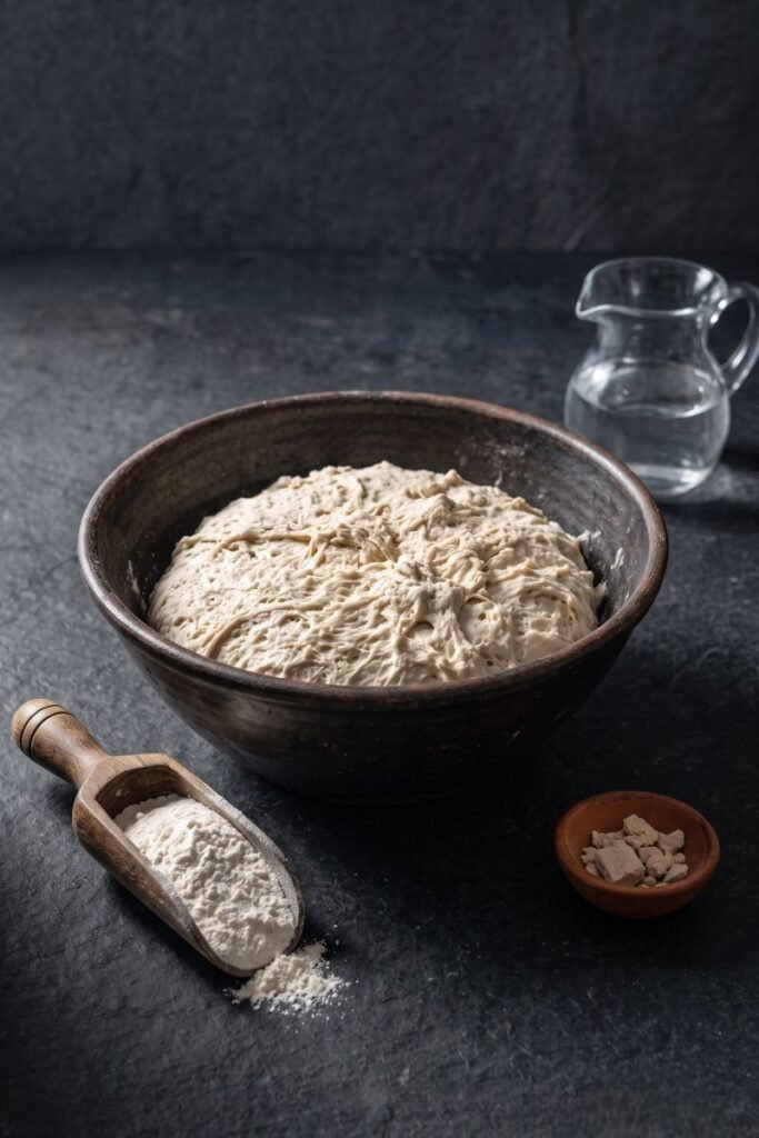 A professional dark food photography shot displaying a shaggy, dry Italian biga dough starter in a ceramic bowl next to raw baking ingredients on a black slate counter.