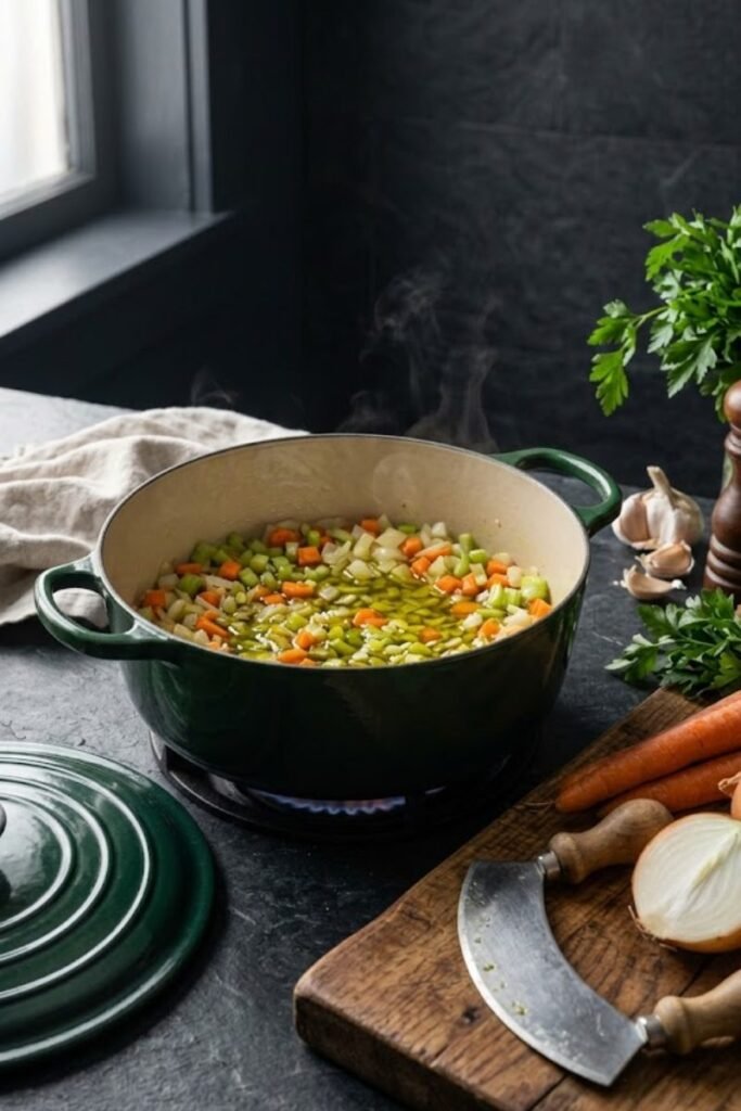 A professional dark food photography shot displaying finely chopped onions, carrots, and celery sweating in olive oil inside a green Dutch oven on a black slate counter.