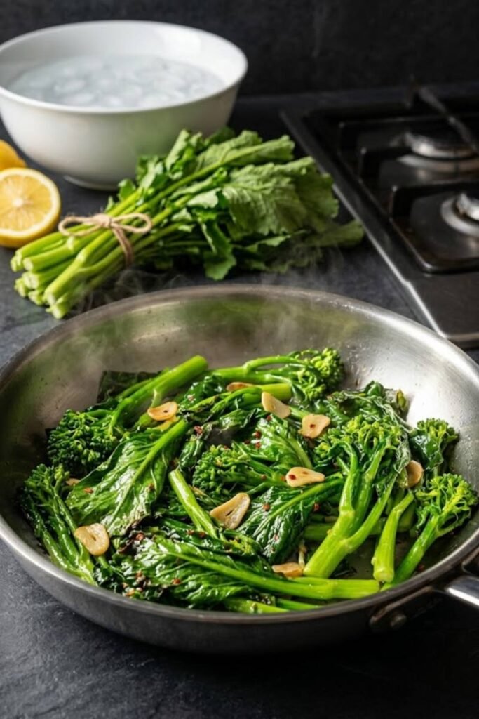 A professional dark food photography shot displaying vibrant green sautéed broccoli rabe with garlic slices in a steel skillet on a black slate counter.