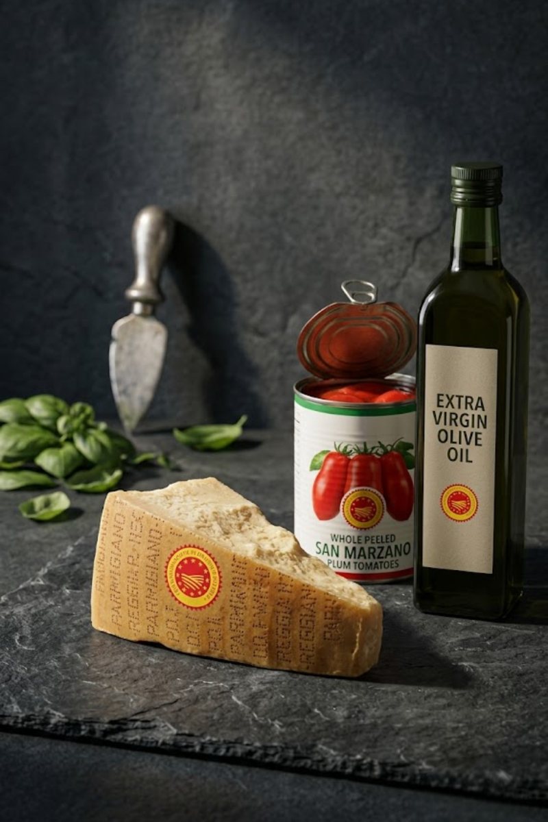 A professional dark food photography shot displaying certified parmesan cheese, canned tomatoes, and olive oil with visible red-and-yellow DOP stamps on a black slate counter.