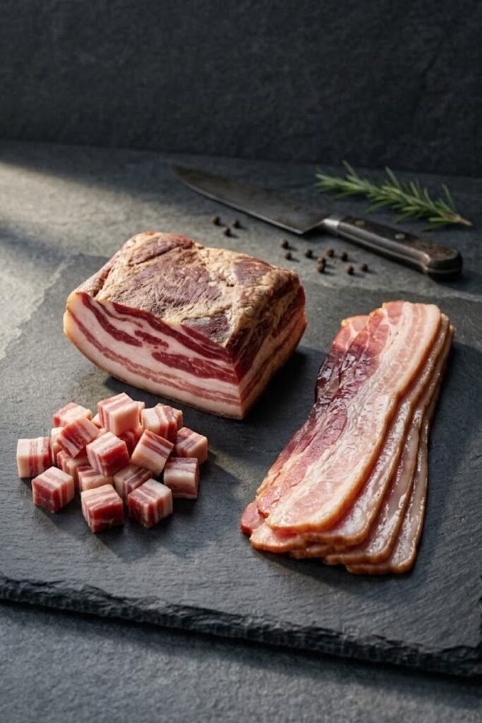 A professional dark food photography shot displaying a solid wedge of Italian pancetta and hand-cut lardons next to strips of raw American bacon on a black slate counter.