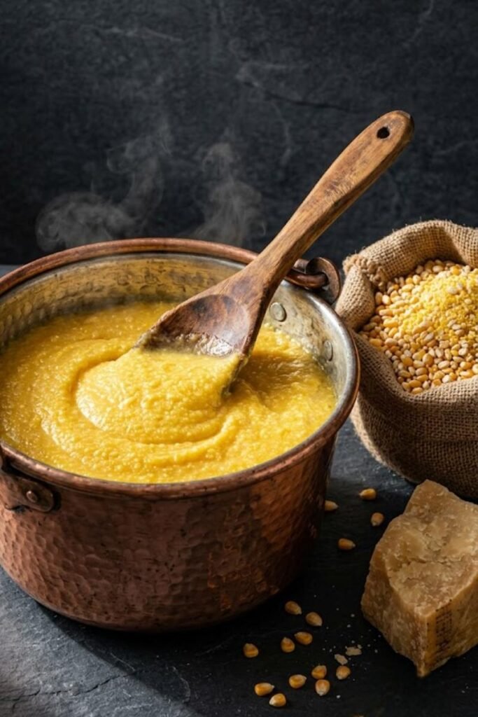 A professional dark food photography shot displaying thick golden polenta being stirred in a copper pot next to coarse raw cornmeal on a black slate counter.