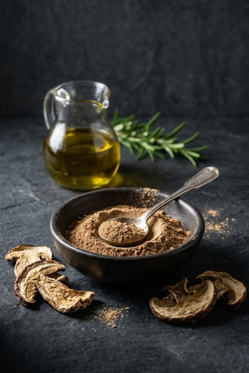 A professional dark food photography shot displaying fine brown porcini mushroom powder inside a small ceramic bowl next to dried mushroom slices on a black slate counter.