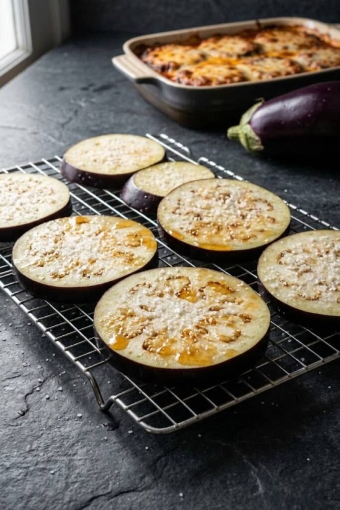 A professional dark food photography shot displaying raw eggplant rounds sweating under coarse salt on a wire rack next to a baked casserole on a black slate counter.