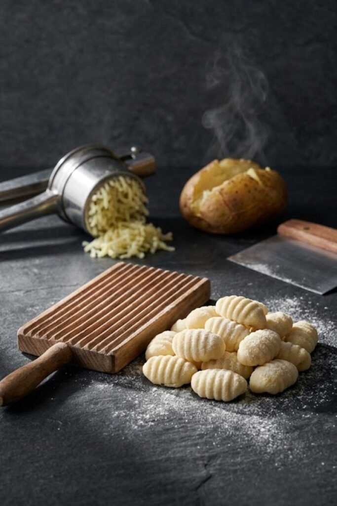 A professional dark food photography shot displaying fresh potato gnocchi pillows with distinct ridges next to a potato ricer and floured board on a black slate counter.