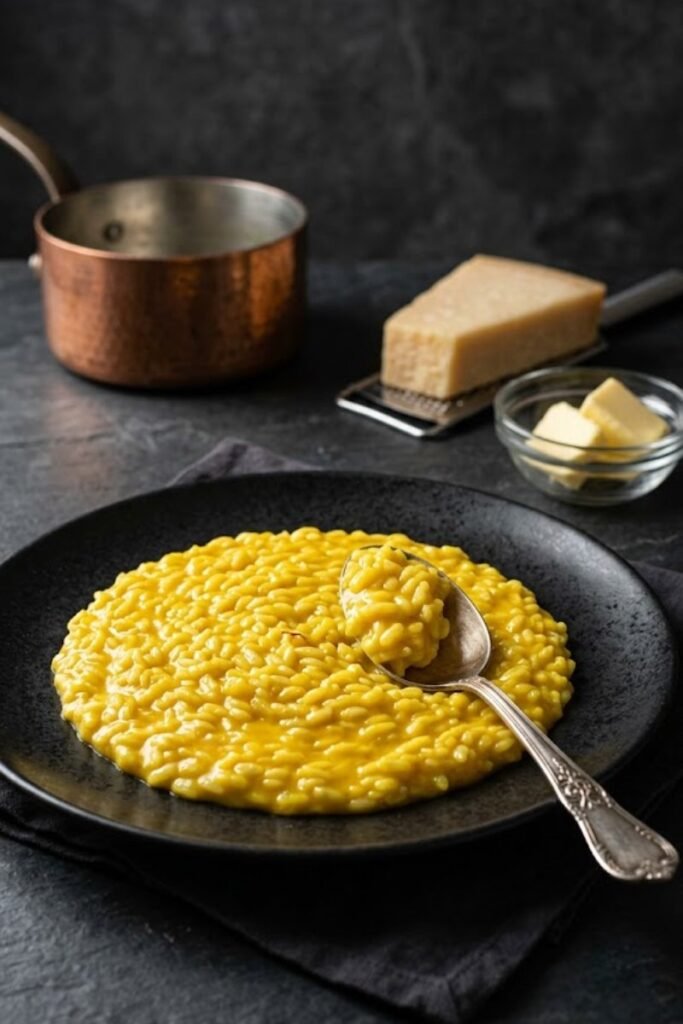 A professional dark food photography shot displaying a fluid, creamy plate of golden saffron risotto next to a wedge of parmesan cheese on a black slate counter.