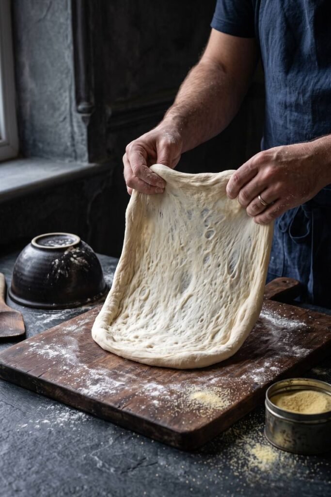 A professional dark food photography shot displaying a baker's hands stretching a supple, translucent pizza dough circle on a floured wooden board on a black slate counter.