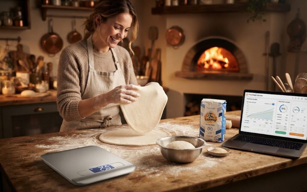 A woman smiling in a rustic home kitchen, hand-stretching a fresh pizza dough ball over a floured wooden counter next to a digital scale showing 250g and a laptop displaying an interactive pizza dough calculator app with an oven fire in the background.