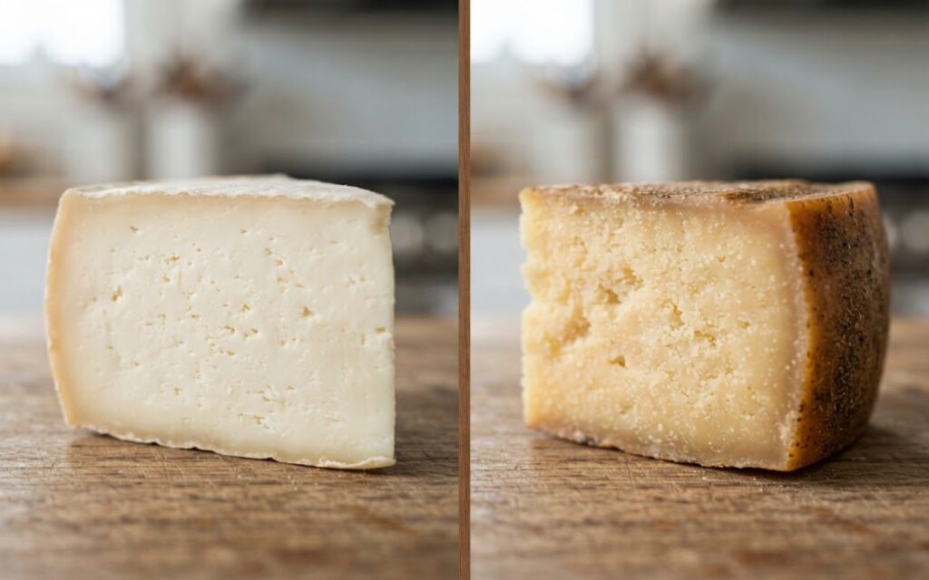 A side-by-side comparison photo showing a soft, holey wedge of fresh Asiago Pressato on the left split and a hard, craggy wedge of aged Asiago D'Allevo on the right split.