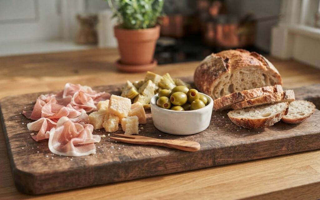 A raw, unedited overhead culinary photo of a complete Italian antipasto platter featuring prosciutto ribbons, hand-broken parmesan chunks, and green olives in a white dish on a walnut board.