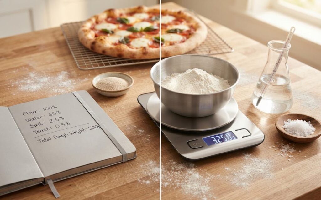 • A top-down view of a baking notebook with percentage formulas next to a digital scale weighing flour, water, and salt for a bakers percentages pizza dough recipe.