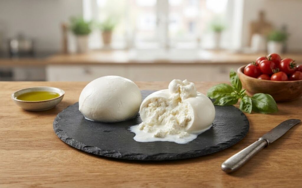 A raw, unedited culinary photo showing a solid ball of fresh mozzarella next to a torn-open burrata cheese ball oozing rich cream and stracciatella curds on a slate platter.