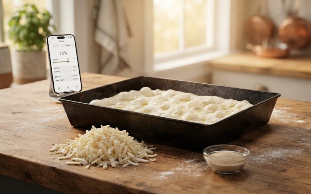 An authentic rectangular Detroit style pizza pan with rising dough showing large fermentation bubbles on a wood kitchen counter next to shredded Wisconsin brick cheese and a phone displaying an interactive calculator app.