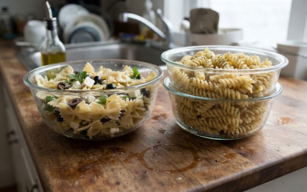 A raw, side-by-side photo of a bowl of cold farfalle bow-tie pasta salad next to a bowl of dressed corkscrew rotini pasta salad on a wooden kitchen counter.
