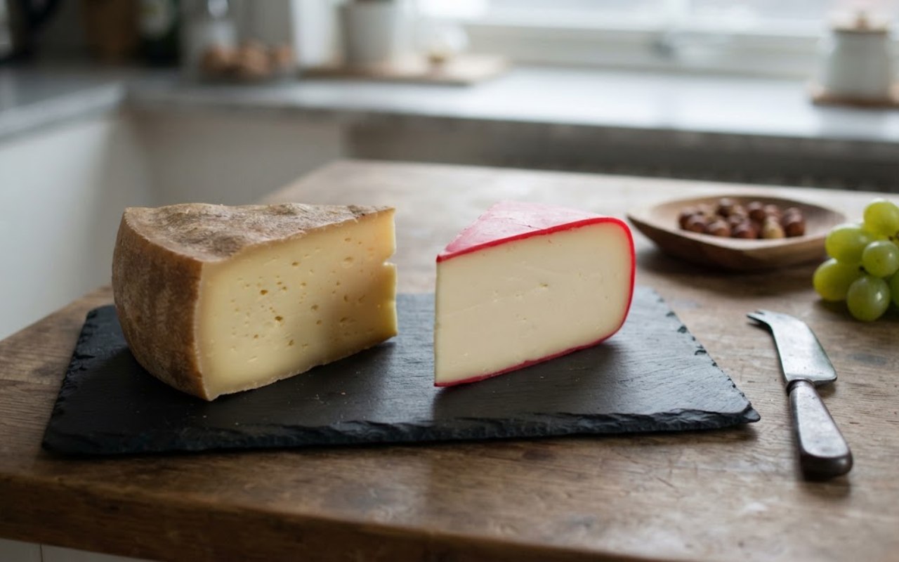 A raw, unedited culinary photo showing a wedge of earthy Italian Fontina Val d'Aosta with its brown rind next to a red wax-coated Swedish Fontina wedge on a slate board.